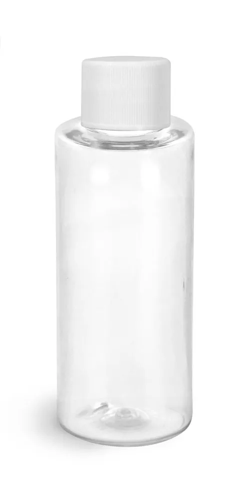 2 oz Clear PET Cylinder Round Bottles w/ White Lined Screw Caps