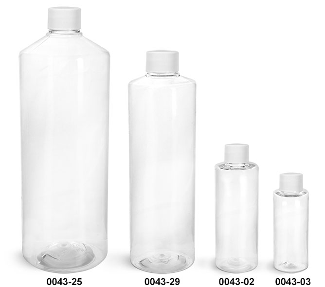 Plastic Bottles, Clear PET Cylinder Bottles w/ White Lined Screw Caps