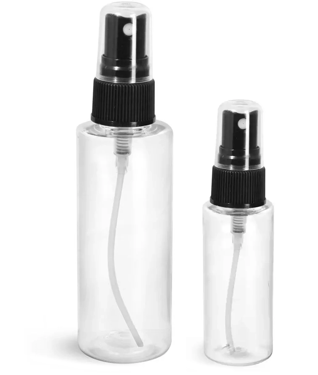 PET Plastic Bottles, Clear Cylinder Bottles w/ Black Fine Mist Sprayers
