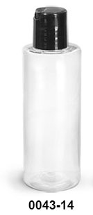 Plastic Bottles, Clear PET Cylinder Bottles w/ Black Disc Top Caps