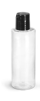 PET Plastic Bottles, Clear Cylinder Bottles w/ Black Disc Top Caps