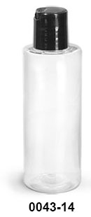 Plastic Bottles, Clear PET Cylinder Bottles w/ Black Disc Top Caps