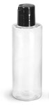 PET Plastic Bottles, Clear Cylinder Bottles w/ Black Disc Top Caps