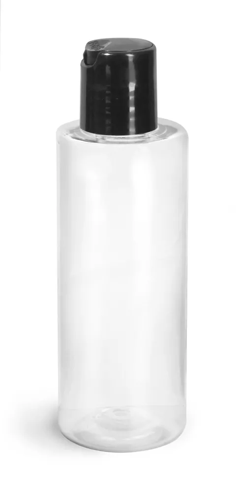 4 oz Clear PET Cylinder Round Bottles w/ Black Disc Top Caps