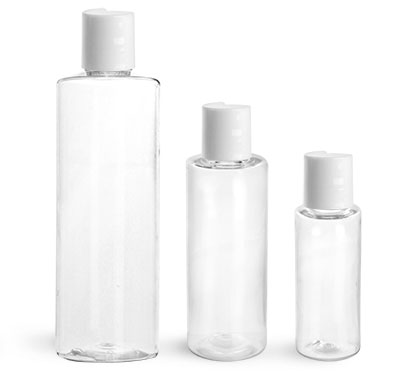 8 oz Clear PET Cylinder Round Bottles w/ White Disc Top Caps