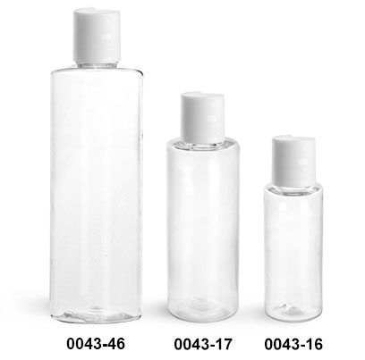 Plastic Bottles, Clear PET Cylinder Bottles w/ White Disc Top Caps