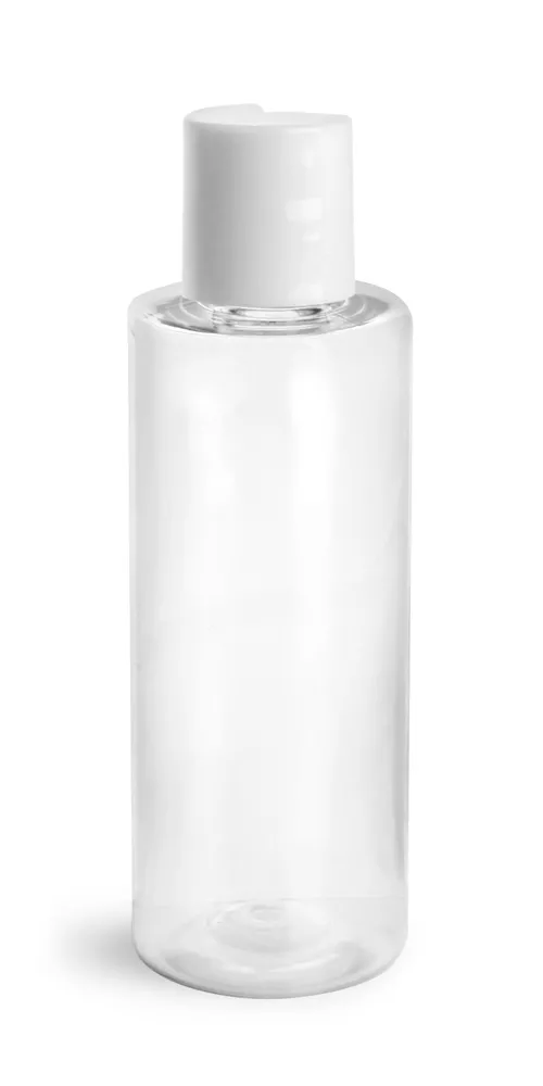 4 oz Clear PET Cylinder Round Bottles w/ White Disc Top Caps