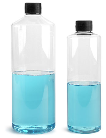 Clear PET Cylinder Bottles w/ Black PP Ribbed Caps