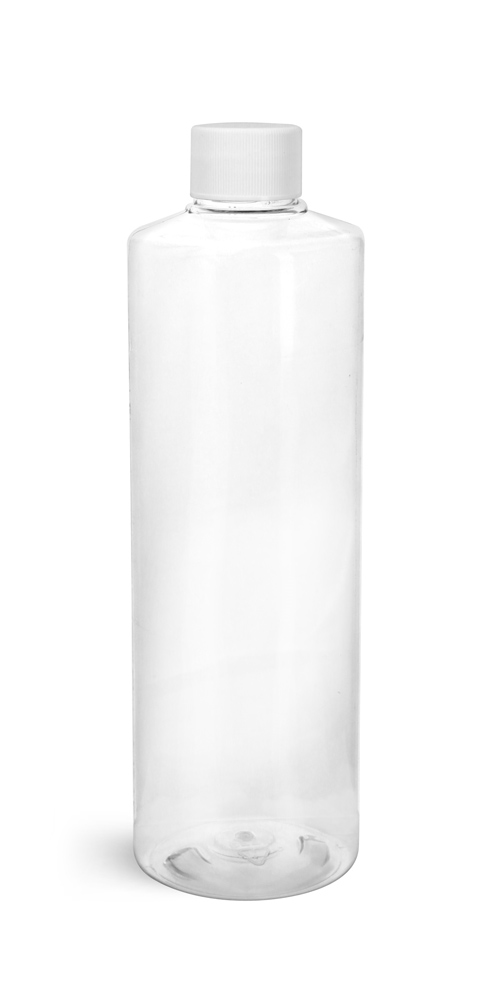 16 oz Clear PET Cylinder Bottles w/ White PP Ribbed Caps