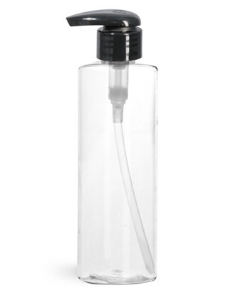 PET Plastic Bottles, Clear Cylinder Bottles w/ Black 2 cc Lotion Pumps