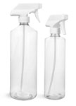 PET Plastic Bottles, Clear Cylinder Bottles w/ White Trigger Sprayers
