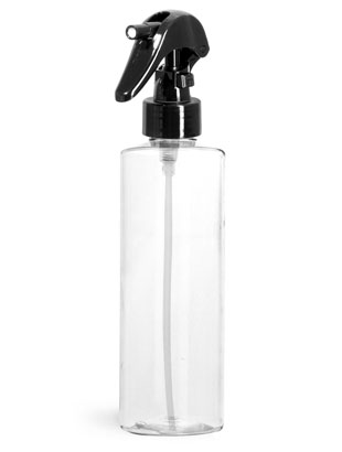 Plastic Bottles, 8 oz Clear PET Cylinder Bottles w/ Black Mini Trigger Sprayers
