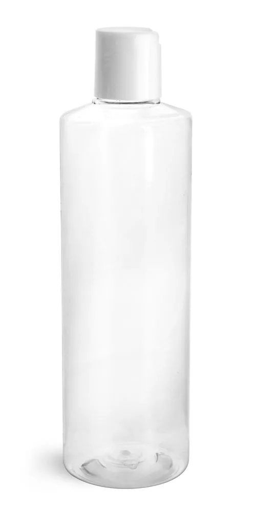 8 oz Clear PET Cylinder Round Bottles w/ White Disc Top Caps