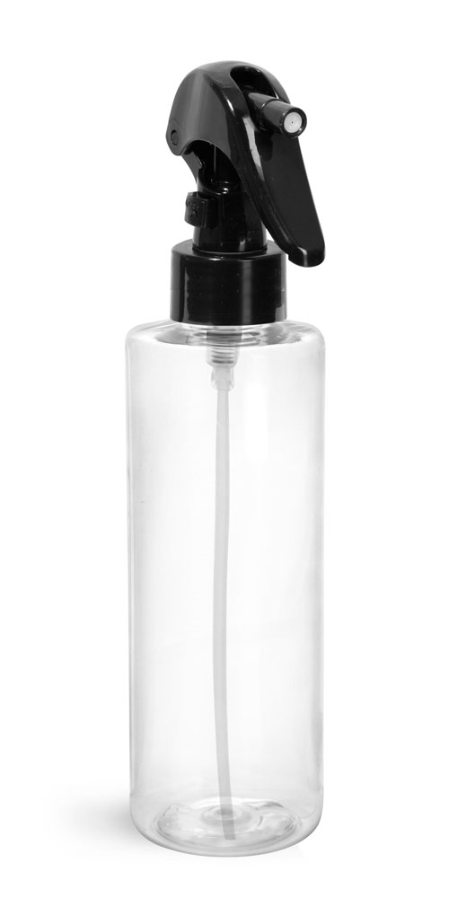 8 oz Clear PET Cylinder Bottles w/ Black Mini Trigger Sprayers