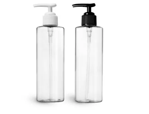 PET Plastic Bottles, Clear Cylinder Bottles w/ Ribbed Lotion Pumps  