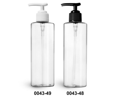 Plastic Bottles, Clear PET Cylinder Bottles w/ Ribbed Lotion Pumps