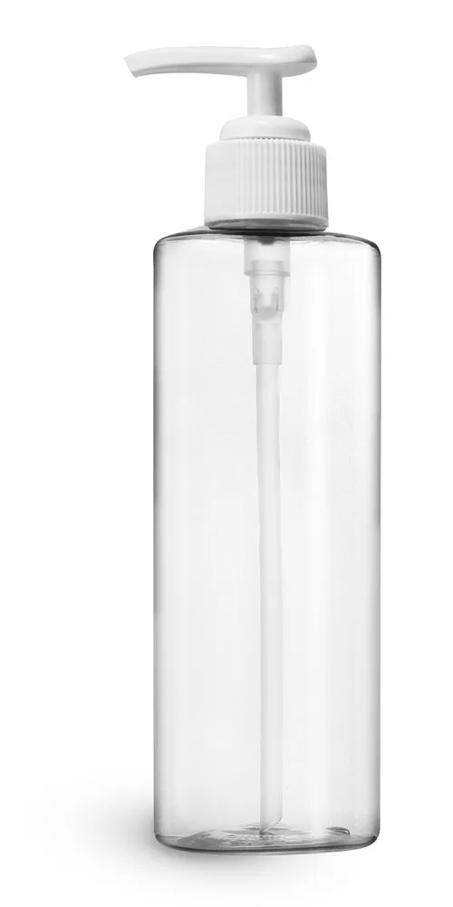 8 oz w/ white pump Clear PET Cylinder Bottles w/ White Ribbed Polypropylene Lotion Pumps