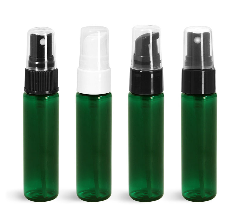 Green PET Slim Line Cylinder Bottles w/ <br/>Sprayers or Pumps
