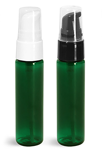 Plastic Bottles, Green PET Slim Line Cylinder Bottles w/ Treatment Pumps