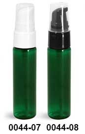 Plastic Bottles, Green PET Slim Line Cylinder Bottles w/ Treatment Pumps