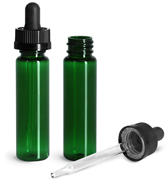 PET Plastic Bottles, Green Slim Line Cylinder Bottles w/ Black Child Resistant Glass Droppers