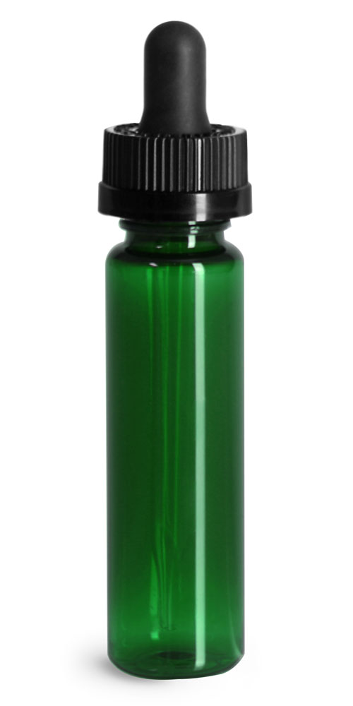 1 oz Plastic Bottles, Green PET Slim Line Cylinders w/ Black Child Resistant Glass Droppers