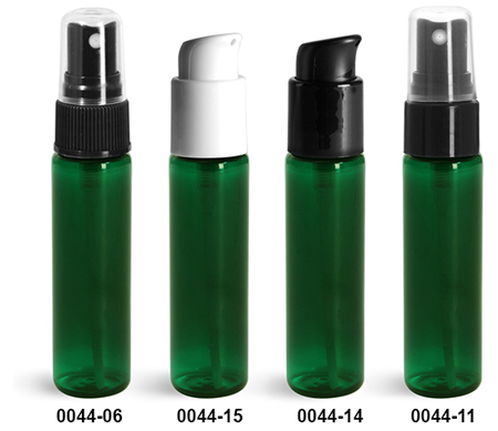 Plastic Bottles, Green PET Slim Line Cylinder Bottles w/ Sprayers Or Pumps