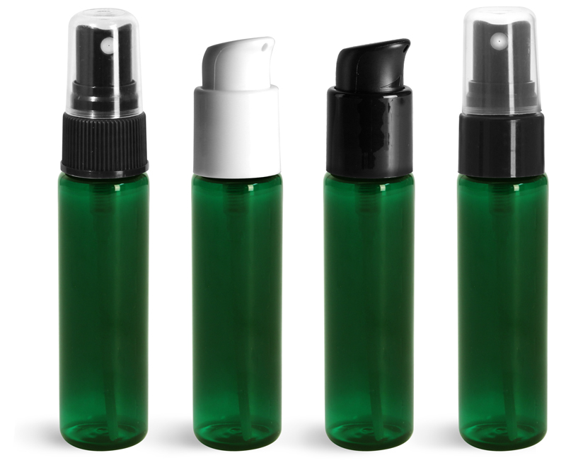 PET Plastic Bottles, Green Slim Line Cylinder Bottles w/ <br/>Sprayers or Pumps