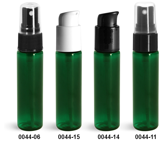 Plastic Bottles, Green PET Slim Line Cylinder Bottles w/ Sprayers Or Pumps