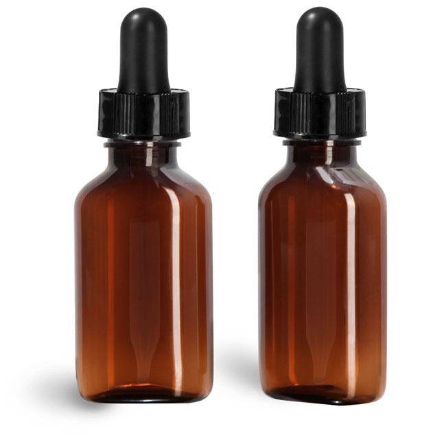 Plastic Bottles, Amber PET Ovals with Black Bulb Glass Droppers