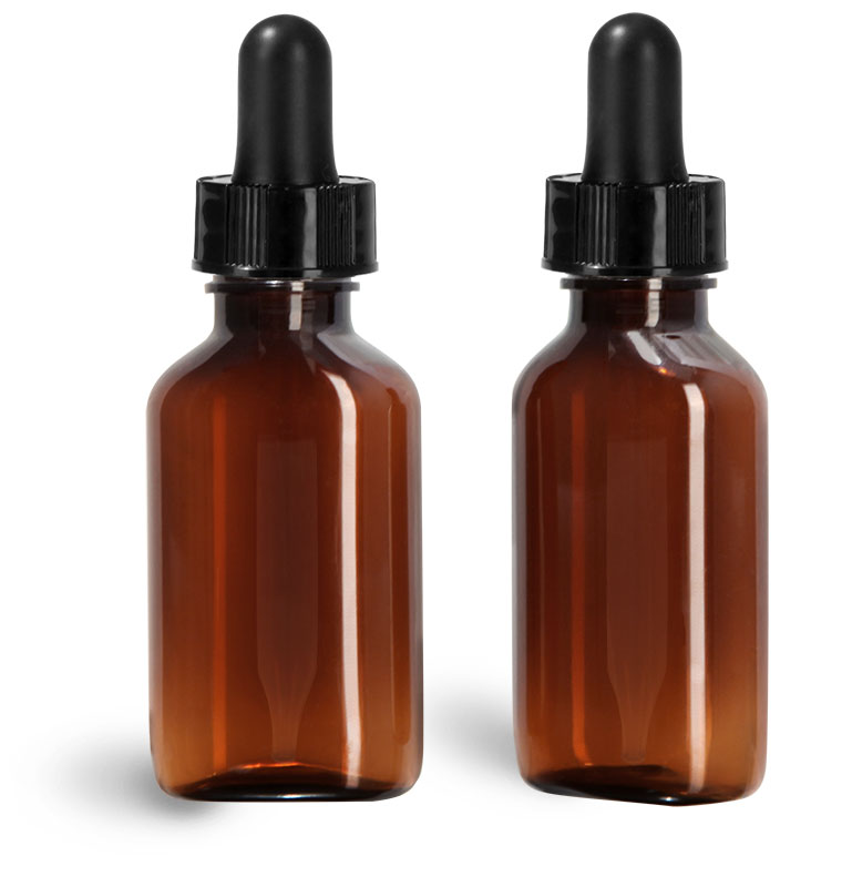 Plastic Bottles, 1 oz Amber PET Ovals w/ Black Bulb Glass Droppers