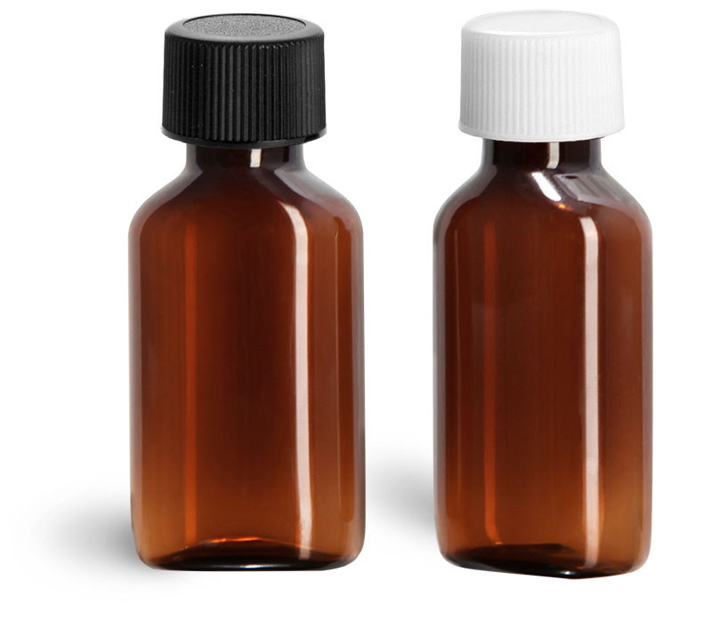 Plastic Bottles, 1 oz Amber PET Oval Bottles w/ Plastic Ribbed Caps