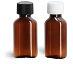 Plastic Bottles, 1 oz Amber PET Oval Bottles w/ Plastic Ribbed Caps