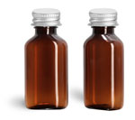 Plastic Bottles, 1 oz Amber PET Oval Bottles w/ Metal Lined Caps