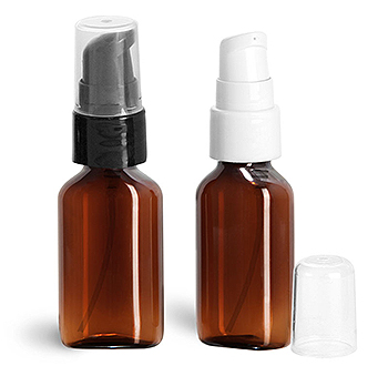 Plastic Bottles, Amber PET Oval Bottles w/ Treatment Pumps