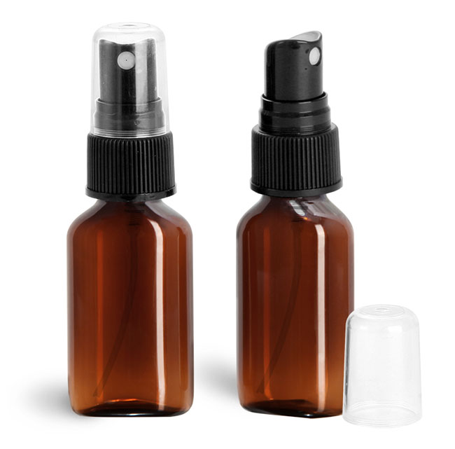 Plastic Bottles, Amber PET Ovals With Black Ribbed Fine Mist Sprayers