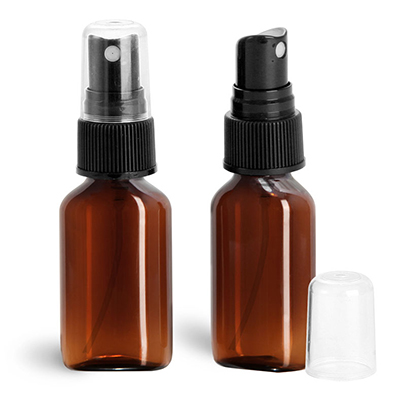 Plastic Bottles, Amber PET Ovals With Black Ribbed Fine Mist Sprayers