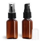 Plastic Bottles, 1 oz Amber PET Oval Bottles w/ Ribbed Fine Mist Sprayers