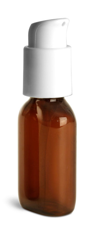 Plastic Bottles, 1 oz Amber PET Oval Bottles w/ Treatment Pumps