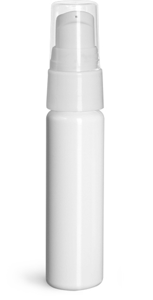 1 oz w/ Pump Plastic Bottles, White PET Slim Line Cylinders w/ Pumps or Sprayers