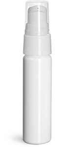 Plastic Bottles, White PET Slim Line Cylinder Bottles w/ White Treatment Pumps