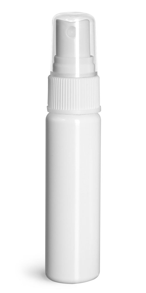 1 oz w/ Ribbed Sprayer Plastic Bottles, White PET Slim Line Cylinders w/ Pumps or Sprayers