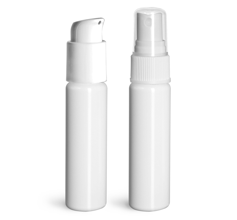 PET Plastic Bottles, White Slim Line Cylinder Bottles w/ Pumps or Sprayers