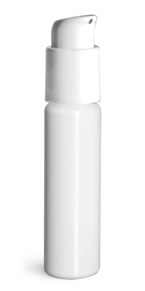 1 oz w/ Pump White PET Slim Line Cylinder Bottles w/ White Treatment Pumps