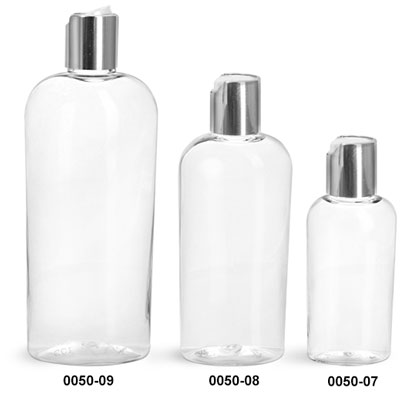 Plastic Bottles, Clear PET Cosmo Ovals with Silver Disc Top Caps