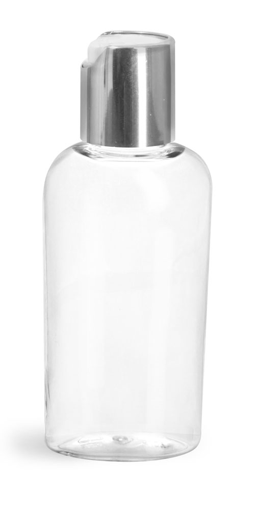 2 oz Clear PET Cosmo Ovals w/ Silver Disc Top Caps
