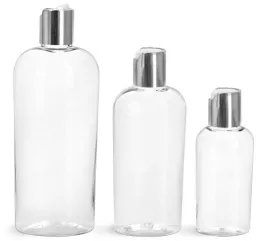 PET Clear Cosmo Oval Bottles w/ Silver Disc Top Caps