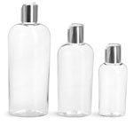 PET Plastic Bottles, Clear Cosmo Ovals w/ Silver Disc Top Caps