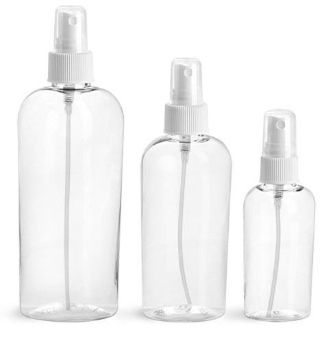 PET Plastic Bottles, Clear Cosmo Ovals w/ White Fine Mist Sprayers