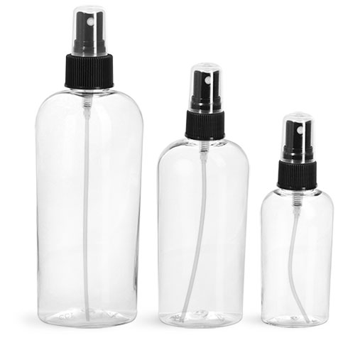 PET Plastic Bottles, Clear Cosmo Ovals w/ Black Fine Mist Sprayers